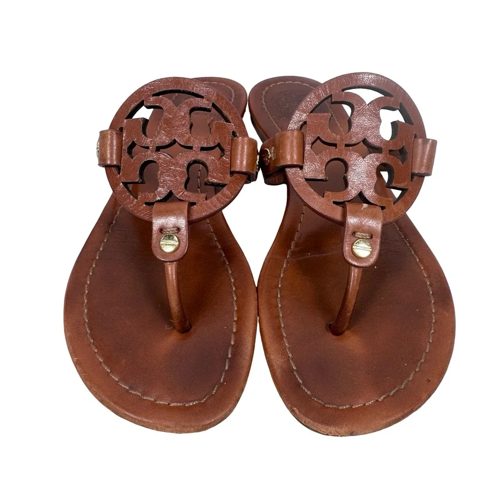 Tory Burch Miller Leather Thong Sandals Royal Tan Brown 6.5 Laser Cut Logo
